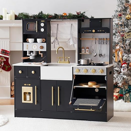ROBOTIME Wooden Play Kitchen for Kids, Toddler Kitchen Playset with Ice Maker and Coffee Machine, Realistic Kids Play Kitchen Toy Gift for Girls & Boys Ages 3+ Black