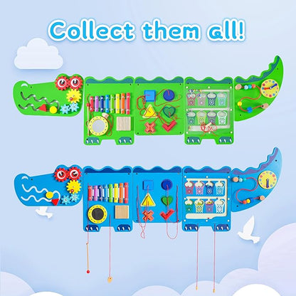 Crocodile Sensory Toys Activity Wall Panels - Montessori Busy Board, Toddler Learning Panel, Wall-Mounted Playroom/Daycare Educational Toys, Interactive Wooden Gift for Kids 3-6, Blue