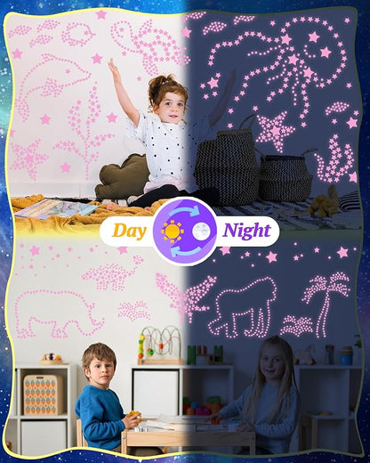 201 Pcs Glow in The Dark Stars Stickers for Ceiling, Toddler Stocking Stuffers Wall Room Decor Gifts, Luminous 3D Glowing Stars Easter Basket Stuffers for Kids Boys Girls - Pink