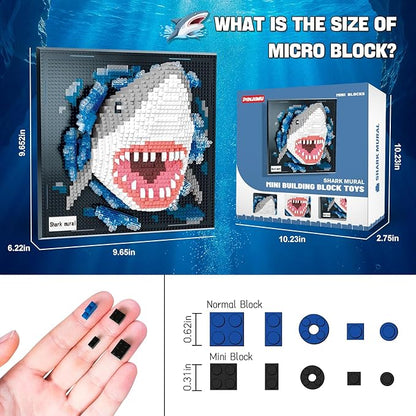 Shark Animals Wall Art Building Block Sets for Adults, No Compatible with Lego, 3D Micro Mini Bricks Kits for Home Wall Decor & Table Display, Creative Toy Gifts for Kids Teens Boys Girls (2166 PCS)