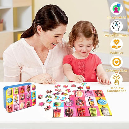 LELEMON Puzzles for Kids Ages 4-6,Popsicle 100 Piece Puzzles for Kids in a Metal Box, Educational Jigsaw Puzzles 100 Piece Puzzle Games for Girls and Boys