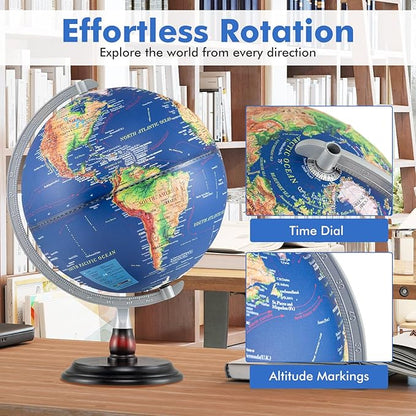 COSTWAY 12” Illuminated World Globe, Geography Educational Globe with Built-in LED Night Light, Wooden Stand, Clear Map for Kids & Adults Learning, Desktop Globes for Students, Decoration (Navy)