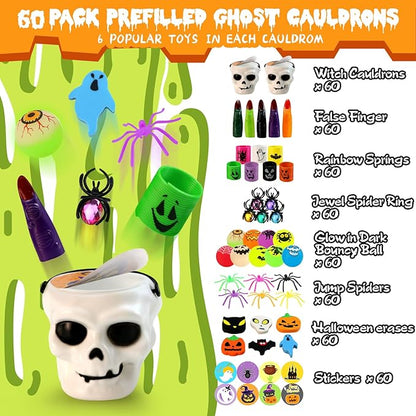 480PCS Prefilled Party Favor Bulk for Kids, 60PACK Prefilled Ghost Cauldrons With 6 Halloween Toys Inside, Goodie Bag Fillers, Prizes Gifts Miniatures for Kids, Trick or Treat