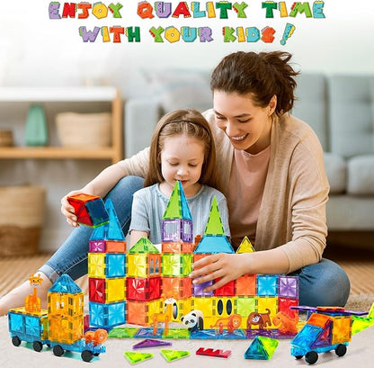 Magnetic Tiles 110PCS 3D Animals Magnet Tiles with 2 Cars Kids Magnetic Building Blocks STEM Educational Magnet Toy Construction Playboards Toys Gifts for Boys Girls Toddlers 3 4 5 6 7 8 9 Year Old