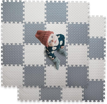 16 Tiles Foam Play Mat for Baby, Soft & Safe EVA Foam Mats for Floor, Square Baby Play Mat, Solid Colored Kids Foam Puzzle Floor Mat, 47x47 Play Mat for Playpen(Whit/Gray)