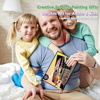Scratch Art Painting Kit for Adults-8 Sheets A4 Rainbow Scratch Painting Paper Craft Set with City Landmarks|Stress Relief Gift for Travel&Craft Lovers|Scratch Art Home Decor(American Series)