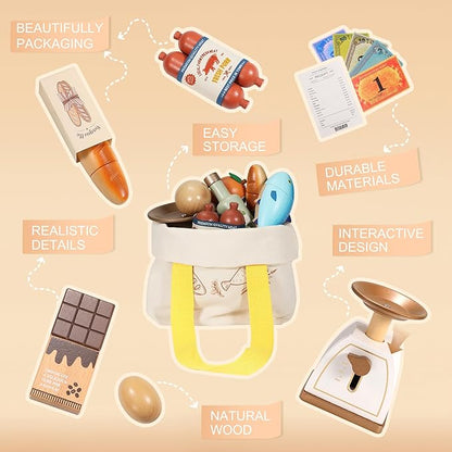Wooden Play Food Set for Kids Toddlers, Grocery Store Pretend Play Food, Pretend Grocery Shopping & Play Kitchen Accessories for Boys Girls