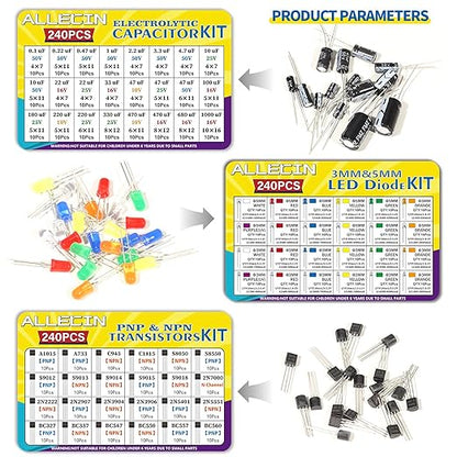 1910Pcs Electronic Component Kit Resistor Electrolytic Capacitor Schottky Diodes LED Diode Transistor Electronics Components Assortment for DIY Project