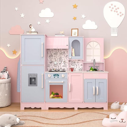 Play Kitchen for Kids, Wooden Kids Kitchen Playset w/Faucet, Sink, Stove, Oven, Window, Cookware, Storage Cabinets, Toddler Role Play Kitchen Pretend Play Toy Set Gift for Girls Boys Ages 3+