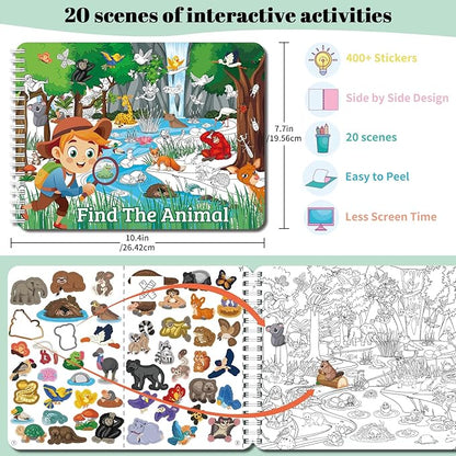 Find The Animal Sticker Book for Kids Ages 2-4, Include 20 Theme Stickers for Kids, Learning & Educational Toy, Find Over 400+ Hidden Object, Airplane Toys for Toddlers 3-5, Preschool Activities