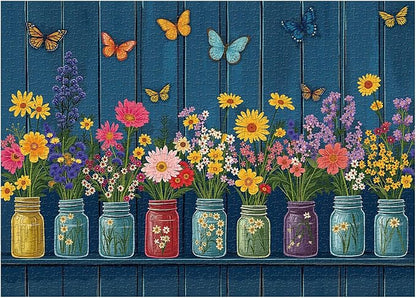 Wildflower Puzzles for Adults 1000 Pieces, Colorful Flower Garden Jigsaw Puzzles, Nature Butterfly Floral Vase Puzzle