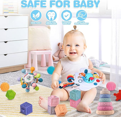 SpringFlower 0-3-6-12 Months Baby Toys, 5 in 1 Montessori Toys for Babies, Teething Toy & Stacking Building Block & Ring & Silicone Pull String, Sensory Development Baby Infant Toy, Gift for Babies