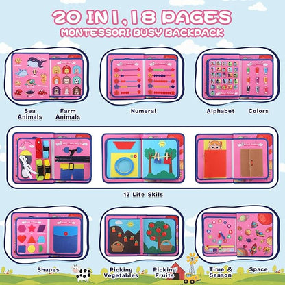 20 in 1 Montessori-Toys Busy Board for Toddlers 1-3, Busy Book for 1 2 3 Year Old Boy Girls Birthday Gift, Preschool Learning Activities Toy, Educational Sensory Toys for Kids Ages 2-4