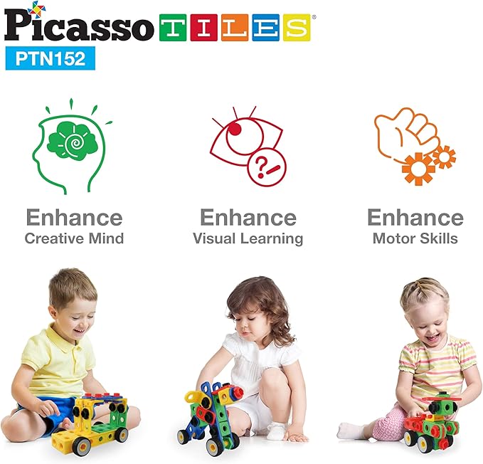 PicassoTiles 152pc STEM Construction Toy Building Set for Kids Ages 3+ Includes Power Drill, Ratchet, Idea Book, Storage Box Educational Engineering Science Kit & Sensory Toys for Boys & Girls PTN152