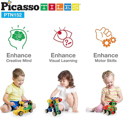 PicassoTiles 152pc STEM Construction Toy Building Set for Kids Ages 3+ Includes Power Drill, Ratchet, Idea Book, Storage Box Educational Engineering Science Kit & Sensory Toys for Boys & Girls PTN152