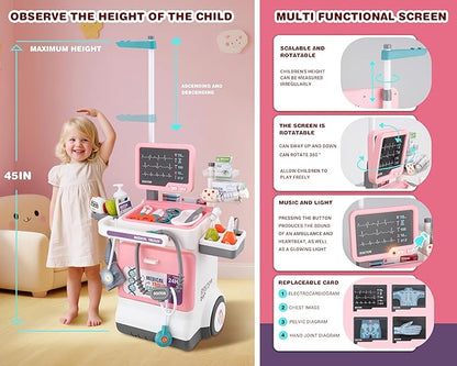 Doctor Kit for Toddlers - Deluxe Pretend Play Medical Cart Toy Set with Stethoscope ,Thermometer,Doctor Costume & Carry Bag - Educational Role Play Gift for Kids Boys & Girls Ages 3 4 5（Pink）