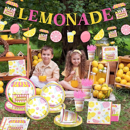 Lemon Party Supplies - 142Pcs Lemonade Party Decorations Tableware Set Includes Lemon Plates,Napkins,Cups,Banner,Lemonade Tablecloth for Lemon themed Birthday Party Baby Shower Party, Serves 20