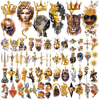 77 Sheets Temporary Tattoo, Lion Wolf Snake Skull Elephant Fake Tattoos for Adults Neck Shoulder, Bee Angel Crown Scepter Realistic Temporary Tattoos for Men Women Girls