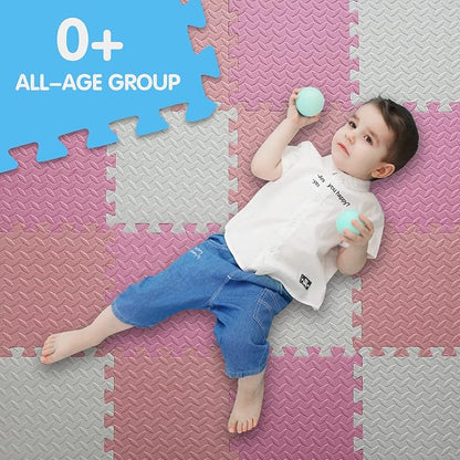 16 Tiles Foam Play Mat for Baby, Soft & Safe EVA Foam Mats for Floor, Square Baby Play Mat, Solid Colored Kids Foam Puzzle Floor Mat, 47x47 Play Mat for Playpen(White/Pink/Loli Pink)