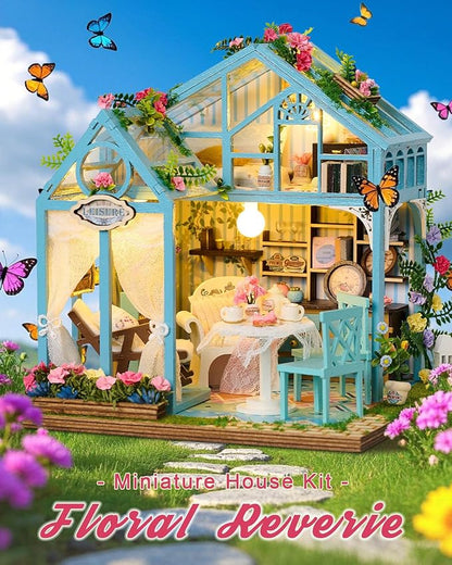 Miniature House Kit Floral Reverie, DIY Tiny House with Furniture & LED Lights, Miniature Dollhouse Kit for Adults & Teens, Creative Decoration Gift for Family Friends