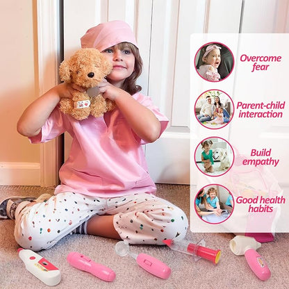 Liberry Doctor Kit for Toddlers Age 3 4 5 6, 26 Pcs Kids Doctor Playset with Dog Toy, Stethoscope and Dress Up Costume, Pretend Play Medical Gift for Girls, Pink