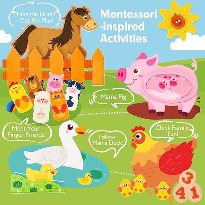 hahaland Busy Board for 1 Year Old - Farm Animals Quiet Busy Book for Toddlers 1-3 - Montessori Toys for 1 Year Old Boy Girl Gifts - Educational Activity Books Felt Learning Board Airplane Travel Toys