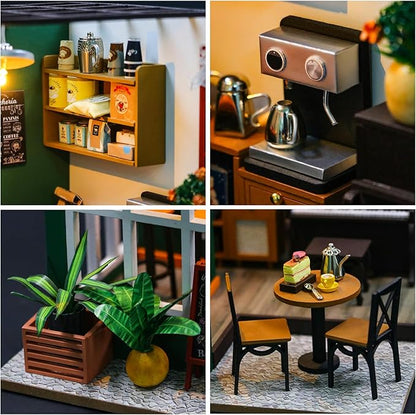 CUTEROOM DIY Miniature House Kit-Coffee Time, Tiny Dollhouse Wooden Furniture Kit, Mini DIY Craft Kits Creative Room for Decoration Family Friends