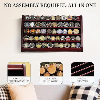 5 Rows Challenge Coin Holder Display Stand Holds 50 Coins for Wall Mount or Tabletop, Solid Wood Military Coin Rack Display Case for Army Collectibles, Mahogany