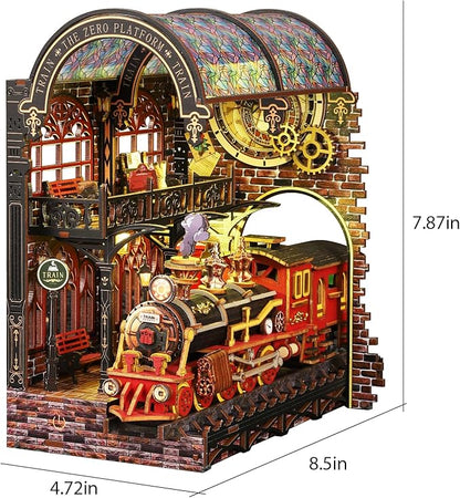 DIY Book Nook Kit for Adults - LED Magic Station Book Nook with Steam Train, Mini House Bookshelf Decor 3D Wooden Puzzles with LED Light, Alley Model Build Birthday Gift for Family, Friends