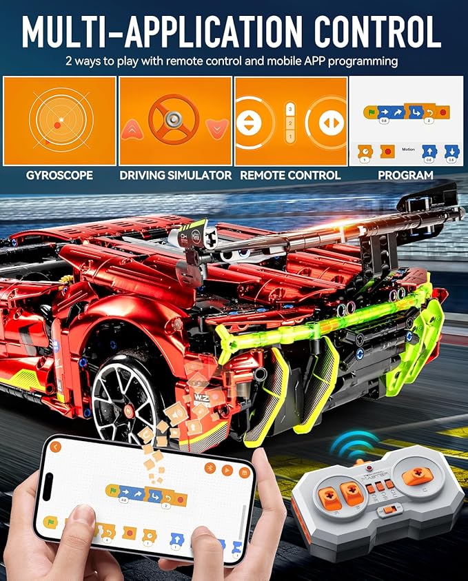 BAV Plated Sports Car Building Sets with Electric Chassis Lifting, Colletible Building Model for Adults, 1:10 Scale Electric Driftable Remote Control Technic Sports Car for Adults Men Teens.