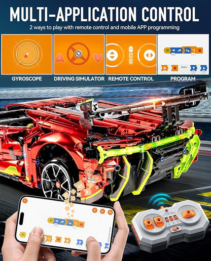 BAV Plated Sports Car Building Sets with Electric Chassis Lifting, Colletible Building Model for Adults, 1:10 Scale Electric Driftable Remote Control Technic Sports Car for Adults Men Teens.
