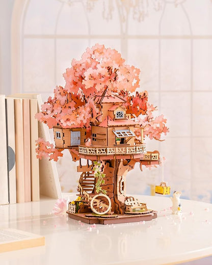 ROBOTIME DIY Miniature House Kits for Adults, 3D Wooden Puzzles for Teenager, Japanese Cherry Blossom Tree Sakura Bonsai Plants for Birthday Gifts and Hobbies (Sakura Tree House)
