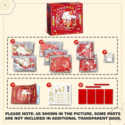Lucky Cat Building Block Set, Compatible with Lego Cat, 868Pcs Cute Fortune Cat with Flowers Building Blocks, Christmas Birthday Creative Gift for Girls Boys Adult (Red Cat)