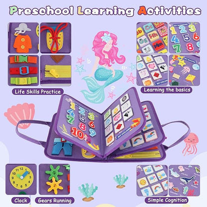 Montessori Busy Board for Toddlers 1-3, Soft Sensory Activity Book with Life Skills, Cognition, Sorting, Matching, Travel Toys for Airplane Car, Gift for Girls Boys 2-4 Years Old (Mermaid)