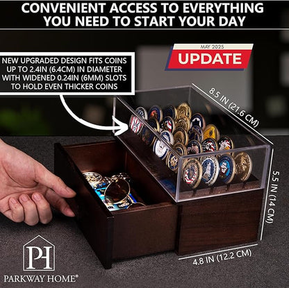 Wooden Display Case with Clear Cover - Medium Coin Stand Holds 20 Coins on Top & 16 in Storage Drawer - Poker Chip Display Case - Brown