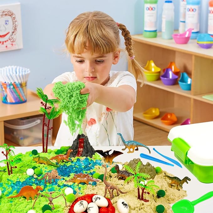 Bbiamsleep Dinosaur Sensory Bin, 147 Pcs Dinosaurs Sand Kit with Sandbox 2.2 lbs Color Sensory Sand 10 Dinosaur Mould 9 Tools Dinosaur Sensory Bin Fillers for Birthday Party