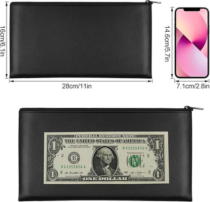 Joyberg 4Pack Money Bag 11 X 6", Safe Durable Waterproof PU Leather Bank Bag with Zipper for Cash, Coin, Checks, Makeup Bills Receipts Tool Storage (Black)