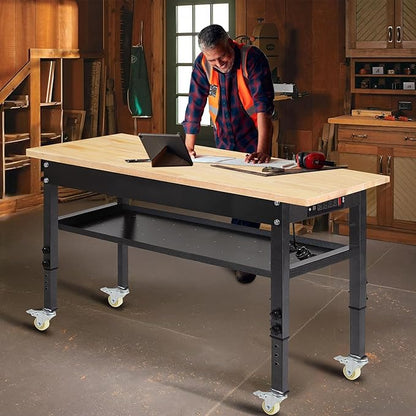 48"/60'' Adjustable Workbench, Rubber Wood Top Work Bench Heavy-Duty Work Table with Power Outlet, Wheels, Partition 2000 LBS Load Capacity Hardwood Work Benches for Garage, Workshop, Home, Office