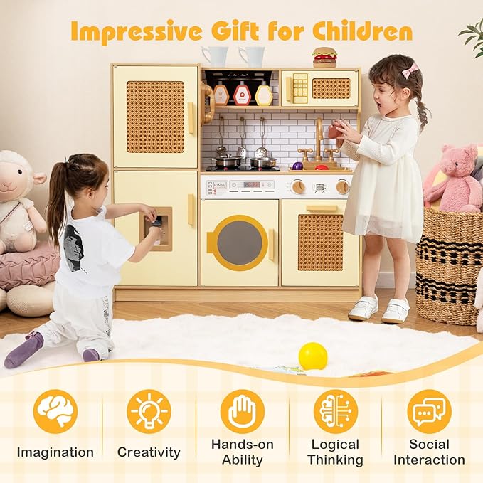 Costzon Kids Kitchen Playset, Wooden Play Kitchen w/Rattan Door, Realistic Lights & Sounds, Water Dispenser, Washing Machine, Cooking Accessories, Montessori Toy for Kids 3+ Year Old (Yellow)