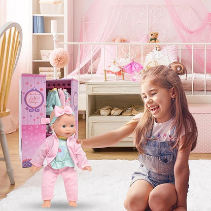 Gift Boutique Baby Doll 14 Inch Soft Body with Clothes & Accessories Sets of Outfits with Hangers Teddy & Toy Blocks Playset Wardrobe Storage Closet, Ideal Gift for Kids - Set of 4