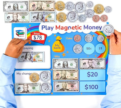 Simply magic 67 PCS Play Money for Teaching - Magnetic Money for Classroom Activity Set, Pretend Play Money Magnets for Kids, Money Manipulatives & Games, Toy Toddler Money, Learning Coins, Bills