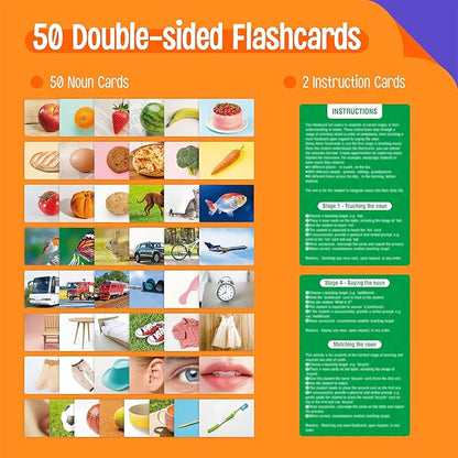 50 Noun Flashcards, Picture & Word Photo Cards Language Builder Visual Aid Language Learning Tool for Autism, ESL Teaching Materials for Adults, Non-Verbal Children Vocabulary Builder for Kids