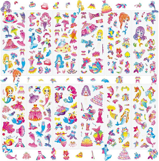 36 Sheets Mermaid Stickers for Kids - 900+ 3D Puffy Stickers Ocean Theme | Sea Animals, Shells, Mermaids | Reusable, Waterproof | Crafts, Scrapbooking, Gifts