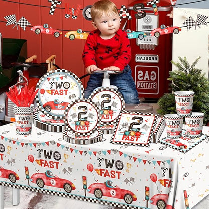 Two Fast Birthday Party Supplies, 142pcs Race Car 2nd Birthday Decorations Tableware Kit Includes Race Car Plates Napkins Tablecloth for Two Years Old Party Baby Shower Decorations Favors for Boys