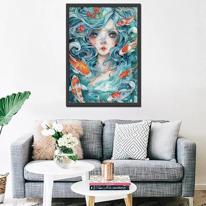 Tucocoo Watercolor Girl Jigsaw Puzzles for Adults 1000 Pieces, Koi Fish Blue Ocean Abstract Art Jigsaw Puzzle Colorful DIY Handwork Puzzles for Home Decoration, Family Puzzle Perfect for Game Nights