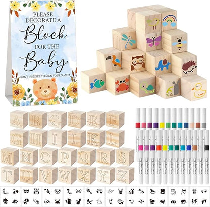117 Pcs Baby Shower Blocks to Decorate Game Kit Includes 52 Wooden Blocks 24 Markers 1 Game Sign 40 Templates to Paint (Blue Bear)