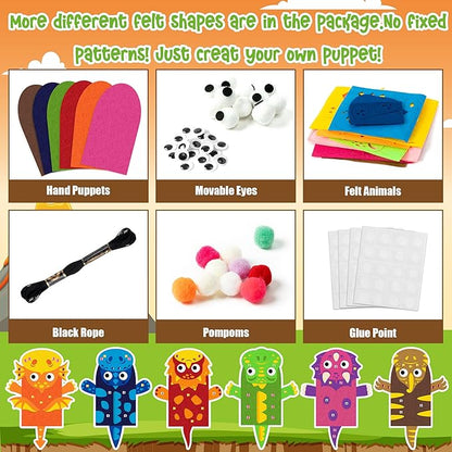 WATINC 6Pcs Hand Puppet Making Kit, Art Craft Felt Sock Puppet Toys, Creative DIY Make Your Own Pompoms Wiggle Googly Eyes Storytelling Role Play Party Supplies Gift for Girls Boys (Dinosaurs A)