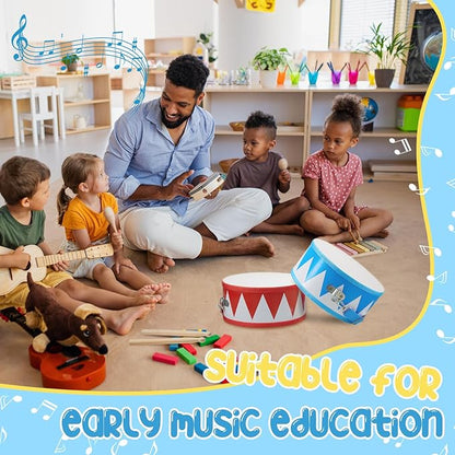 Boao 4 Pcs Kids Drum Set, 8 Inch Toddler Drum Wooden Toy with Adjustable Strap and 4 Drumsticks, Educational Sensory Musical Instrument for Toddlers Kid Baby Boys Girls Gift (Flag)