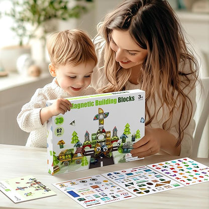 iPlay, iLearn Kids Magnetic Blocks, 62 PCS Magnet Stacking Block Building Toy, Toddler STEM Learning Montessori Sensory Toy, Preschool Classroom Educational Birthday Gift 3 4 5 6 7 8 Year Old Boy Girl