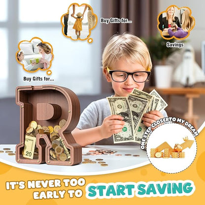 Summidate Wooden Letter Piggy Bank, Extra Thick Large Capacity Piggy Bank for Kids Boys Girls Toddler, Alphabet R Money Bank| Coin Box Birthday, Christmas, Festival